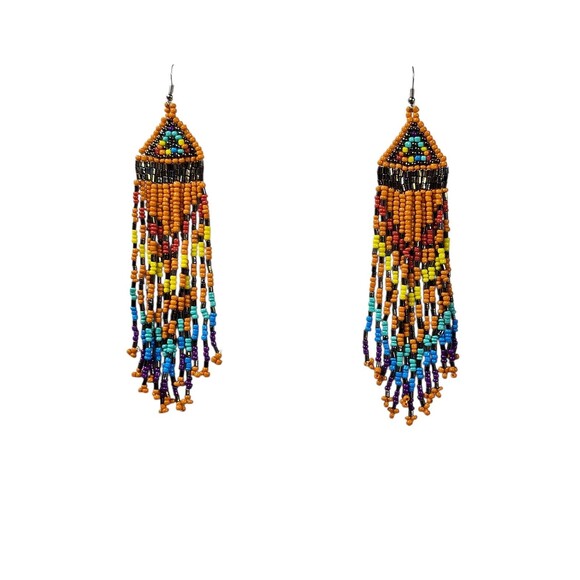 Handmade Native-Inspired Beaded Dangle Earrings Multicolor Fringe Boho Festival - Picture 1 of 8